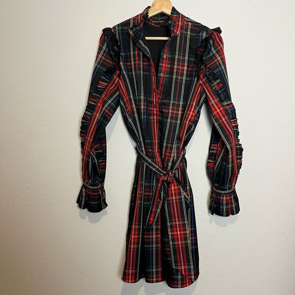 J. Crew Stewart Tartan Plaid Ruffle Neck Mini Shirt Dress Women's Size Small - Picture 2 of 5